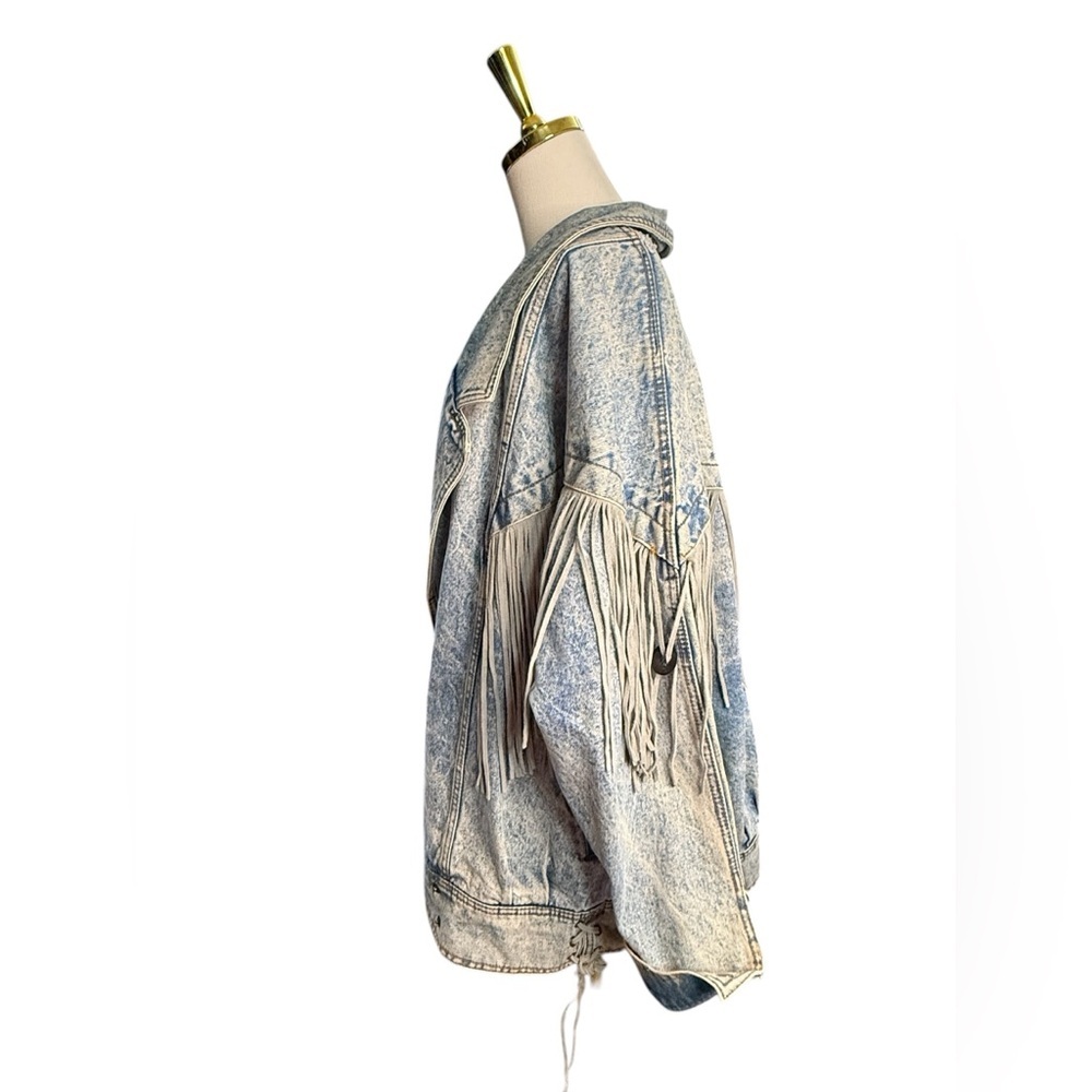 Vintage Rock Creek Distressed Fringe AcidWash Leather Fringe Jean Jacket Sz 18W - Picture 6 of 12